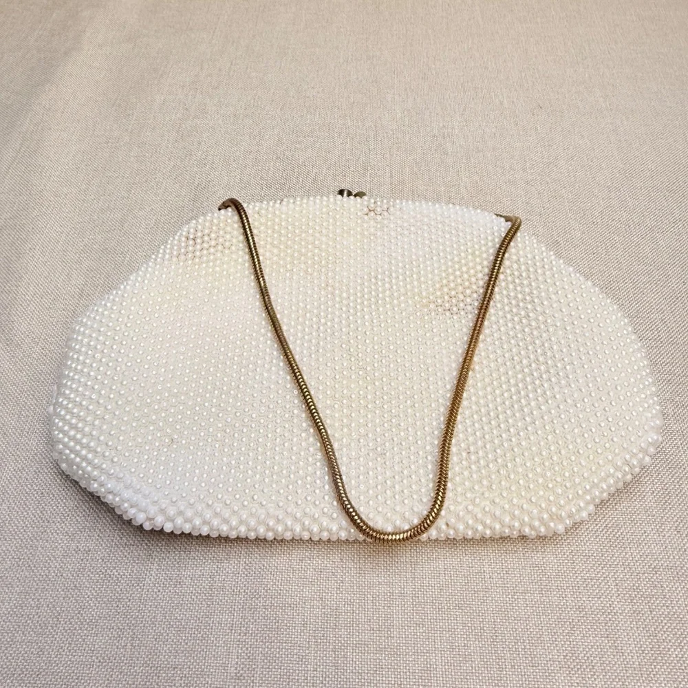 Vintage Made in Hong Kong Ivory and Gold Beaded Purse Handbag